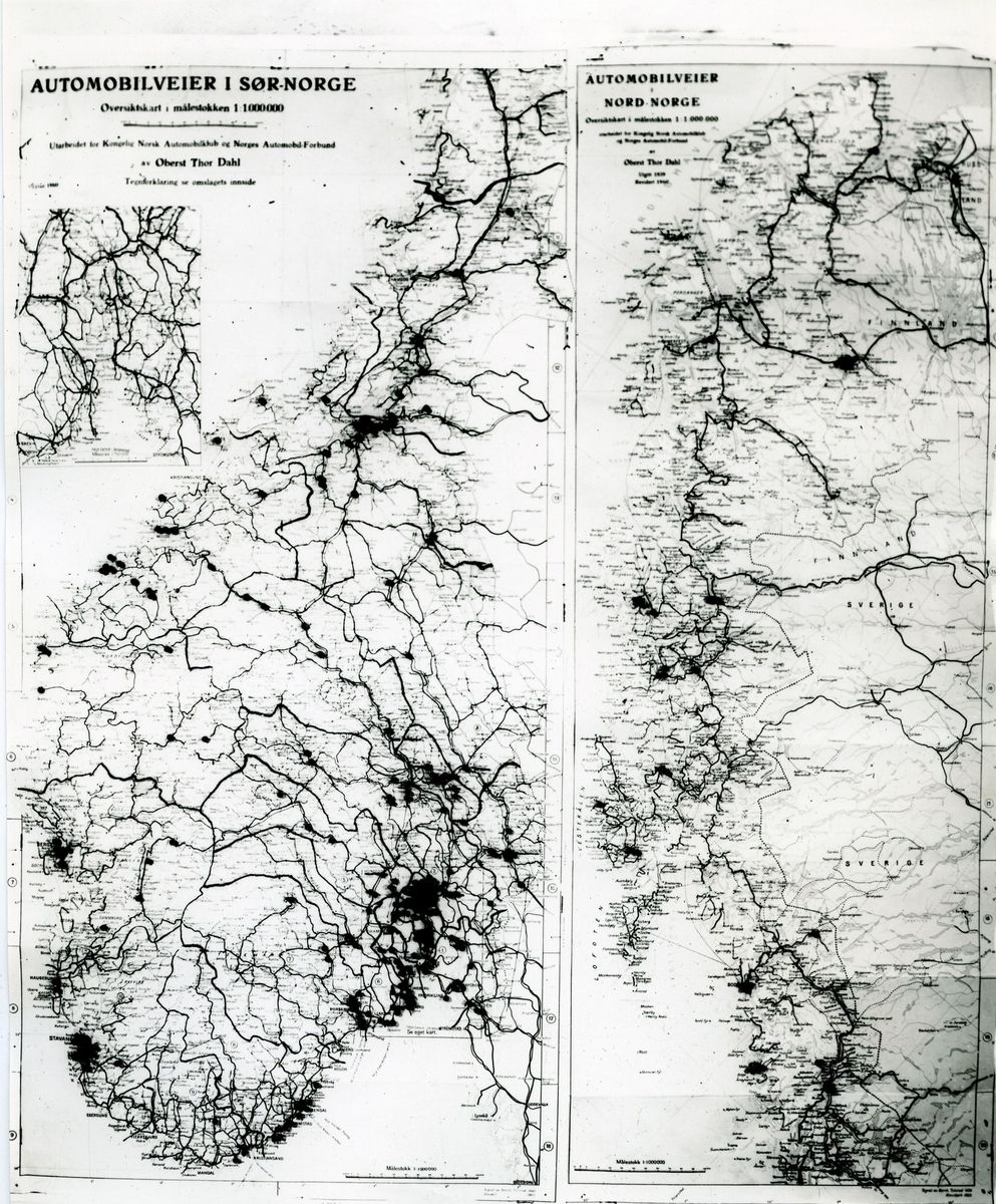 Avotograferte kartplansjer som viser bilveier i Norge, trolig kursmateriell.