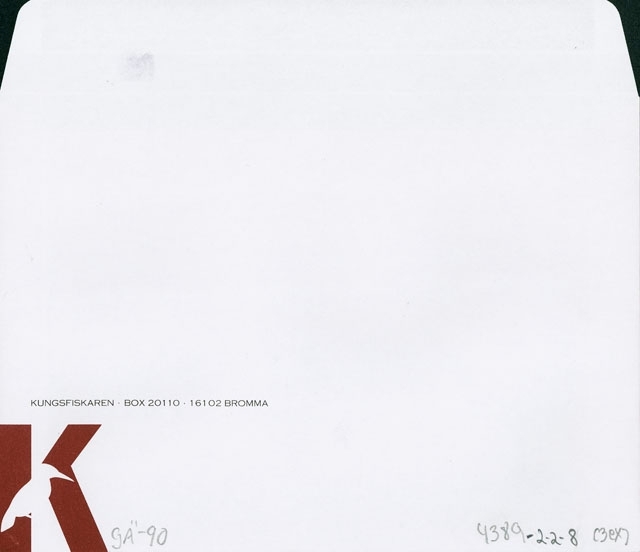 Grafisk Design. Kuvert från byggföretaget Kungsfiskaren. 3 ex

Vitt kuvert, med en röd logotype i bokstaven K, samt en vit fågel.

Färgtryck.
