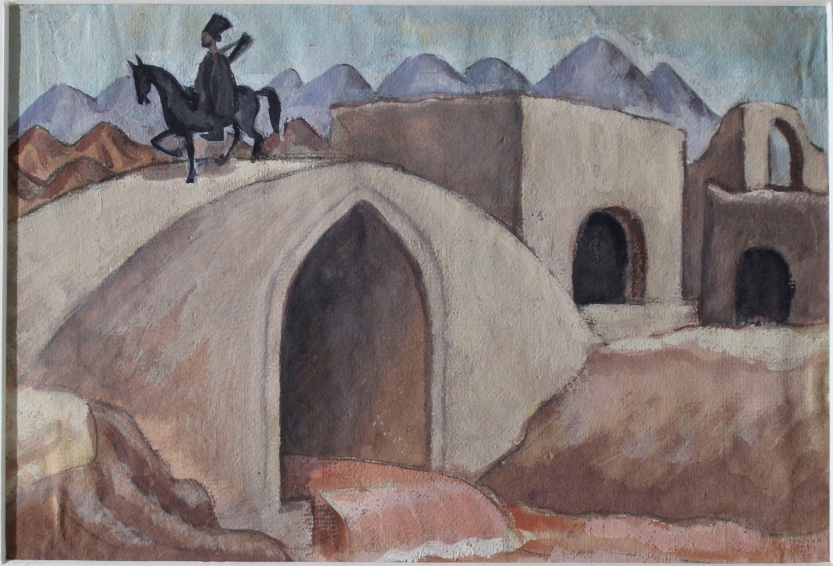 Machidecht, ryttare på bro [Akvarellmålning]