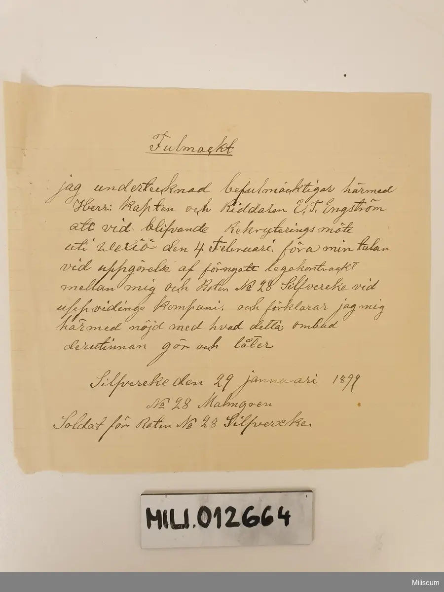 Soldatkontrakt (samtida avskrift), skriven på tunnt papper.
