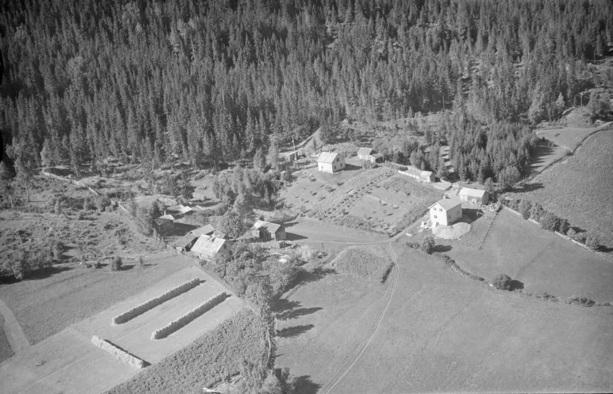Høgtun gård, Hauklivegen 94, med Hauklivegen 112 (venstre) og 100 i bakgrunnen, flyfoto