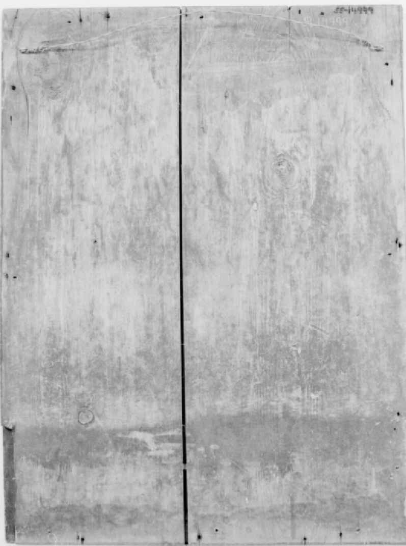 Maleri, stående rektangulært. Motiv antageligvis av profeten Johannes, med bok i hånden. Malt på treplate. Profilert innramming av tre.