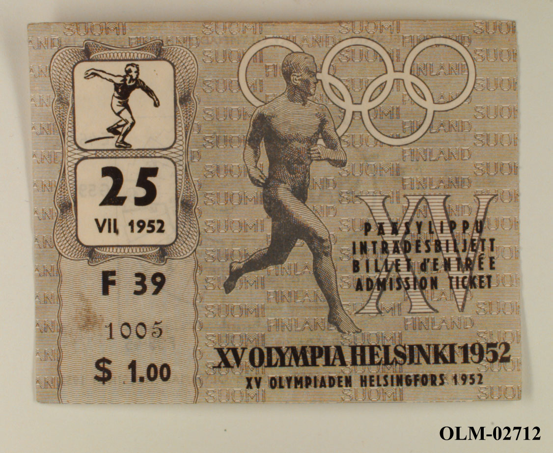 Inngangsbillett til friidrettsøvelser den 25.07.1952 i Helsinki.  Til venstre et bilde av en diskoskaster, dato, setenummer, pris og et bilde av en sprinter med de olympiske ringene i bakgrunnen. På baksiden en oversikt over stadion.