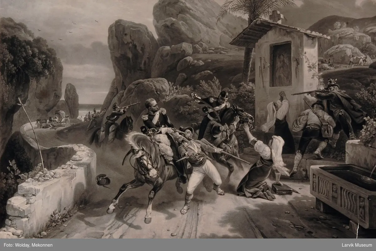 Angrep - kamp, soldater til hest, bedende kvinner, en kvinne sitter på knærne foran en hest. Ant. sør-Frankrike. Palmer og hav.