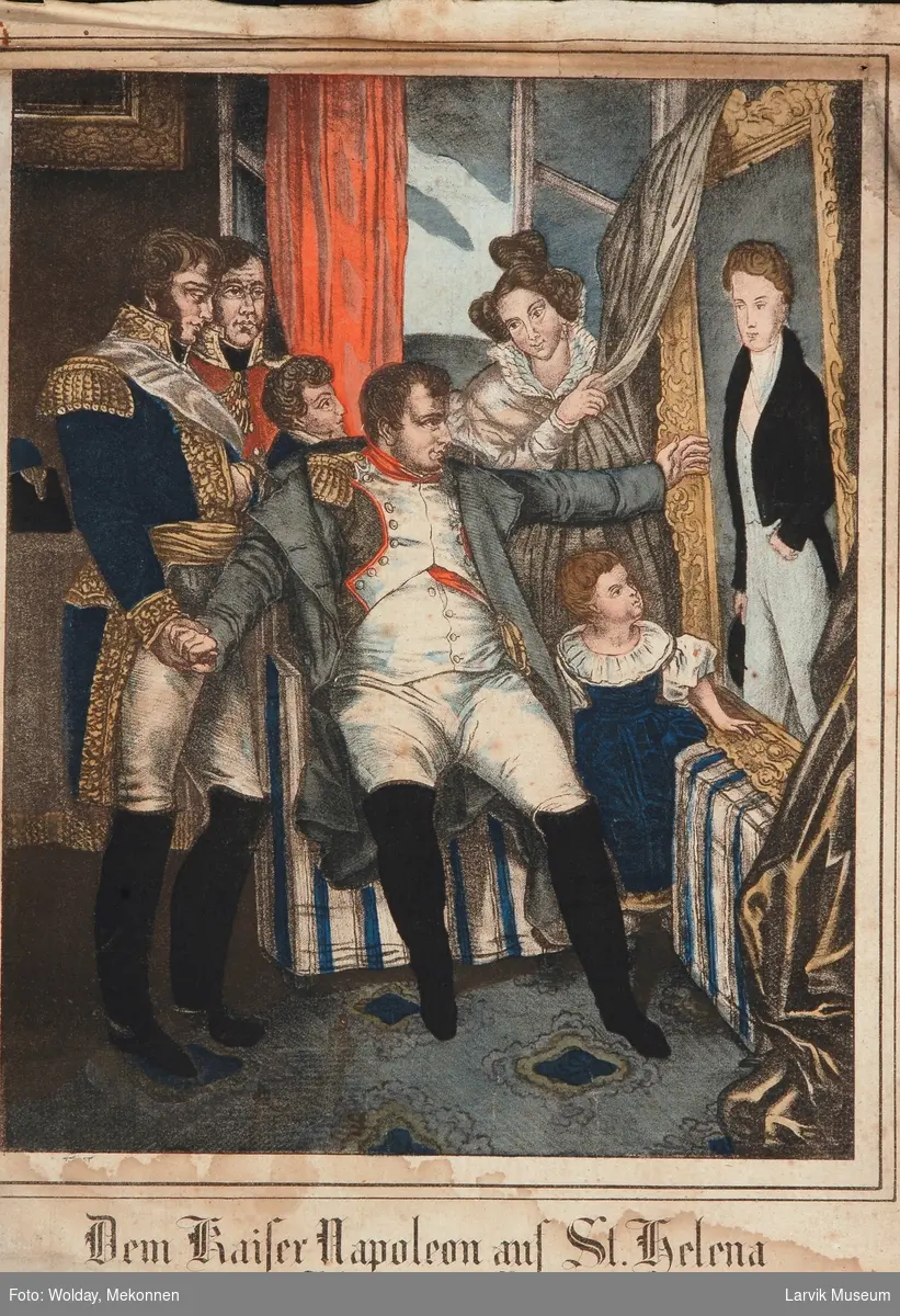 Keiser Napoleon på St. Helena. Sitter og beundrer et portrett/maleri sammen med to menn, en kvinne og to barn.