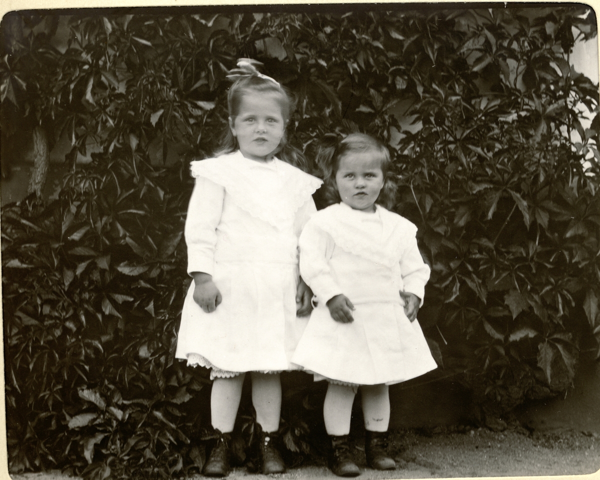 Fødselsdagsbarnet Mimi Egeberg, 4 år, og søsteren Lucy fotografert på Bogstad gård 8. august 1909.