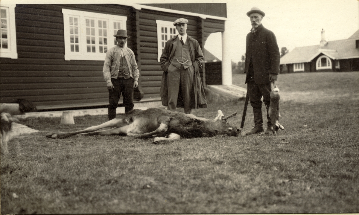Tre jegere med jaktbyttet foran jakthytten Malungen i Stange, Hedmark. Fra venstre en medhjelper, Christian Rasen, Westye Egeberg bak elgoksen og Ferdinand Egeberg med en hare. Fotografert 1916.