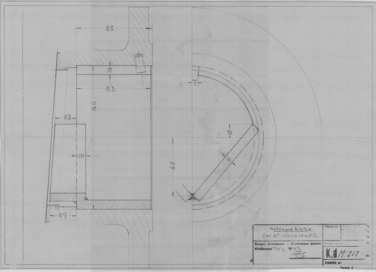 Arbeidstegning på kalkerpapir av strupehylse for 6" sluseventil  (original)
KdM 217
Kristiansand 20/3-43
Format A3