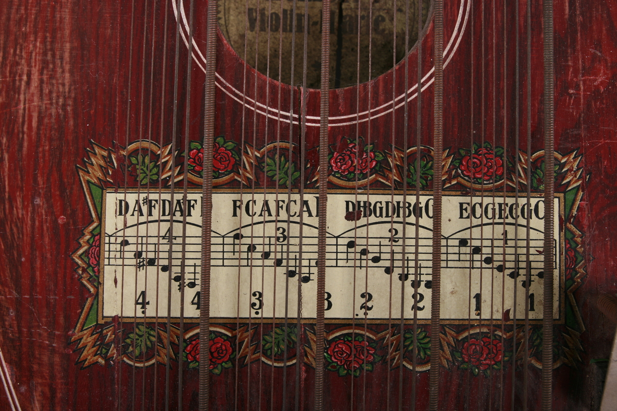 Rosemaling og påmalt innskrift «Harfen Zither», på korpus påmalt tonehøyder med floral dekorgirlande utenpå.