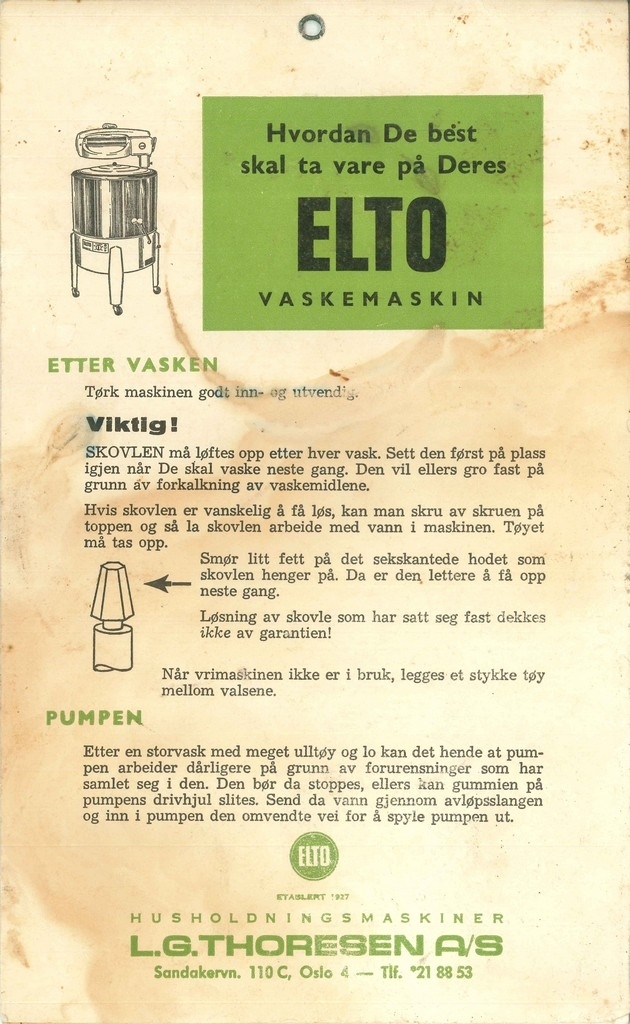 Bruksanvisning for vaskemaskin av merket Elto.