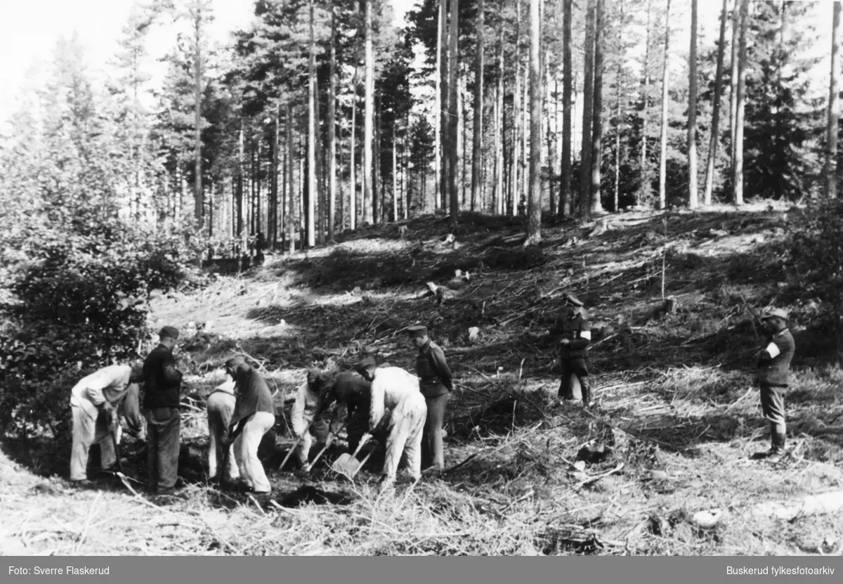 Sommeren 1945 ble tyske soldater kommandert til å grave opp russiske krigsfanger. Arbeidet ble overvåket av Milorg, britiske offiserer og politi fra Hønefoss. Dette bildet er tatt på Hensmoen. De russiske krigsfangene kom fra fangeleiren ved Geitryggen