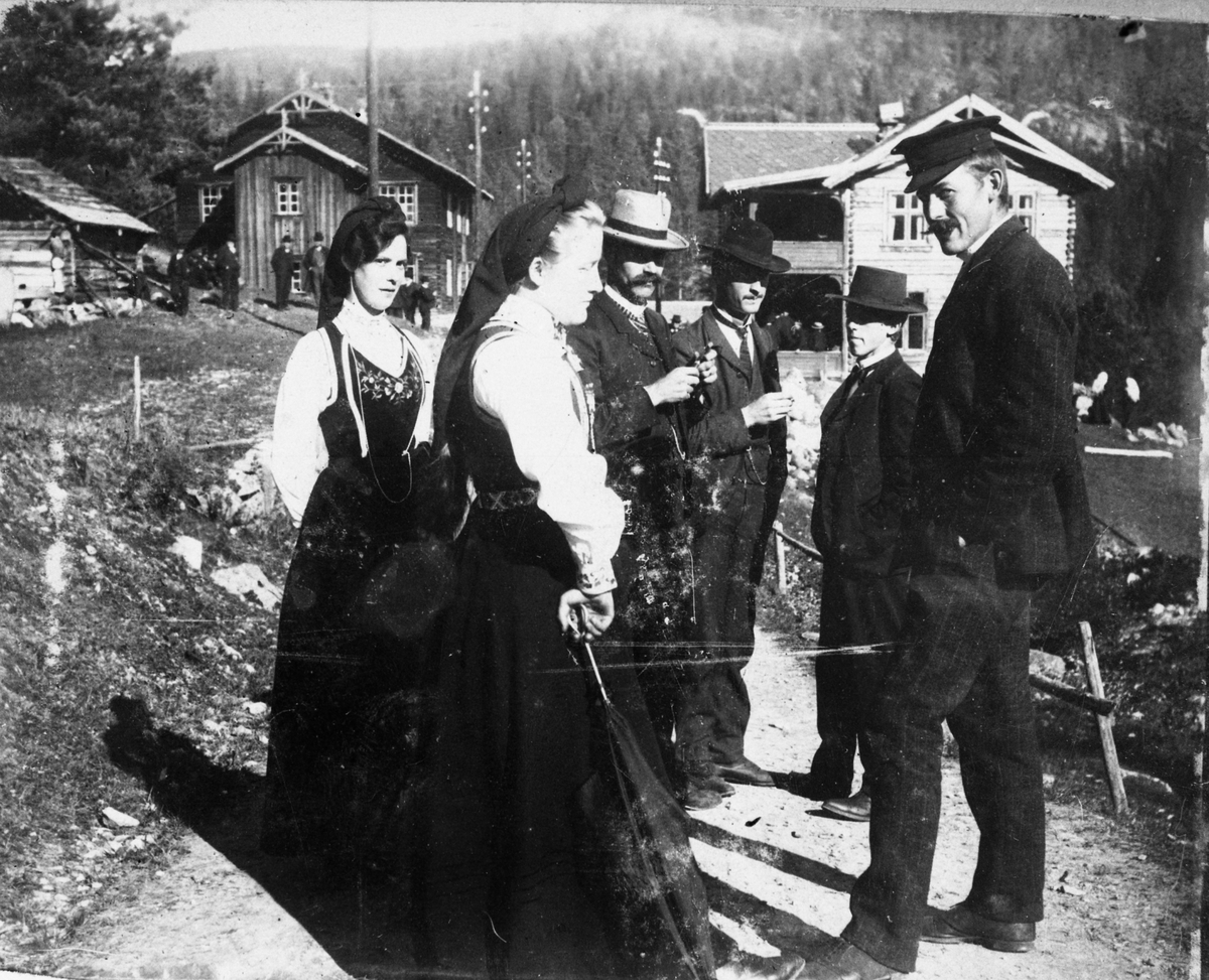 Fotosamling etter Øystein O. Kaasa. (1877-1923). Gruppeportrett av kvinner i folkedrakt fra Vest Telemark og menn ved gård. Avfotografering.
