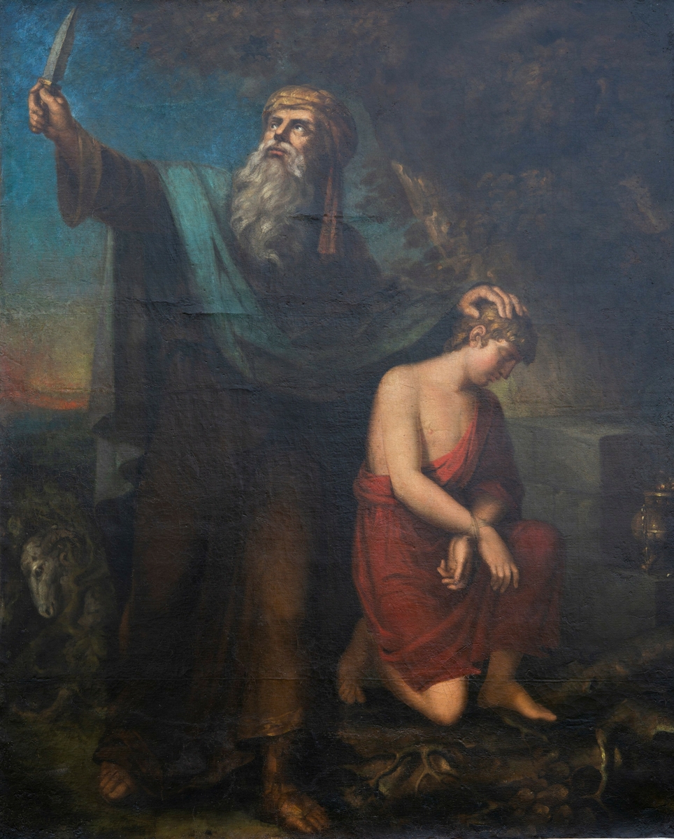 Abraham ofrer sin sønn Isak. Abraham med kniven i hans høyre hånd, utstrakt opp mot motivets venstre hjørne. Isak i forgrunnen til høyre. En vær nedre ved venstre hjørne i motivet.