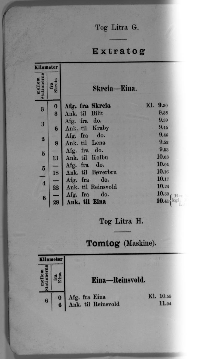 Timetabell for ekstratog 26/11-1902 "I anledning af aabningen af Gjøvikbanen med sidelinie til Skreia". Åtte bilder.