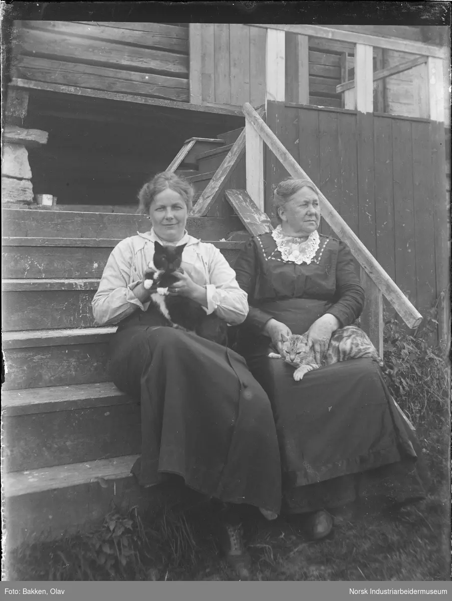 To kvinner sittende på trapp til hus på Prestegården, begge har en katt i fanget.
