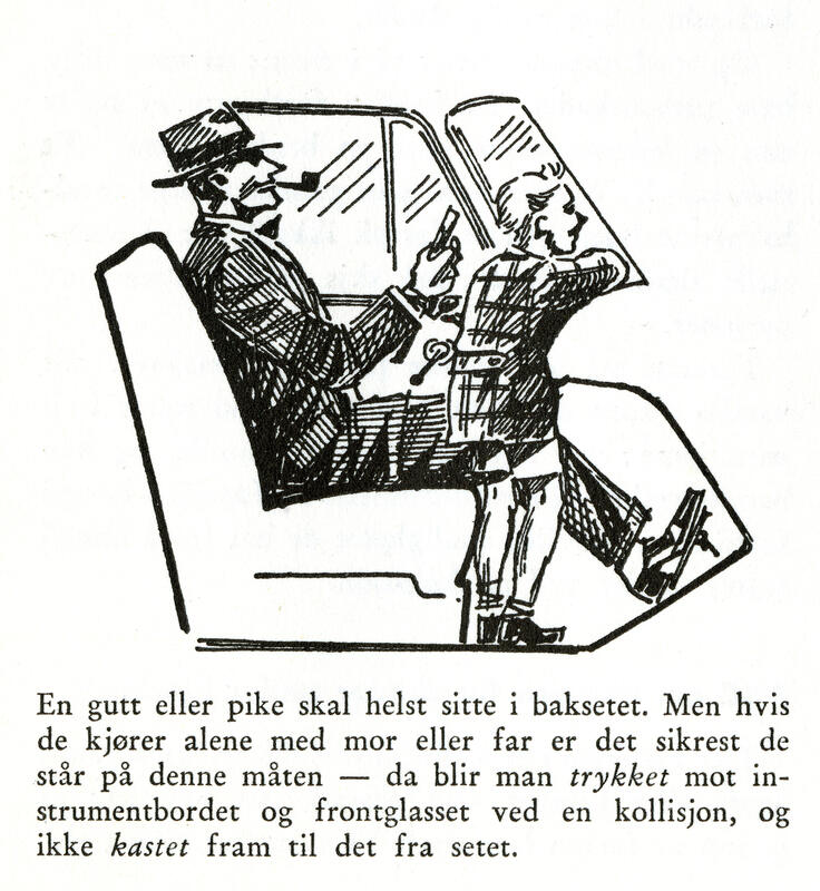Illustrasjon av en mann og et barn i en bil. Barnet lener seg mot frontruten.