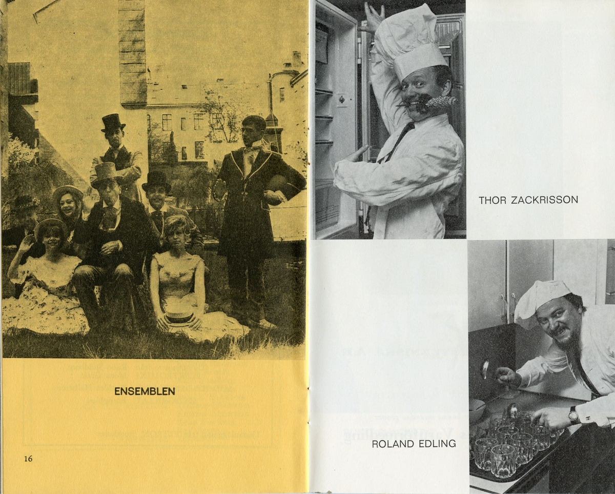 Program för 1967 års Tjadden-revy vid namn "Garv-grillen". Svart bakgrund med ett foto av en man i kockkläder som håller i en grillgaffel mot en kvinnorumpa. Häftat. Inlaga på 28 sidor som innehåller information om föreställningen och annonser. Bilaga i form av en bingobricka.
Tillstånd vid förvärv: Rostiga häftklamrar.