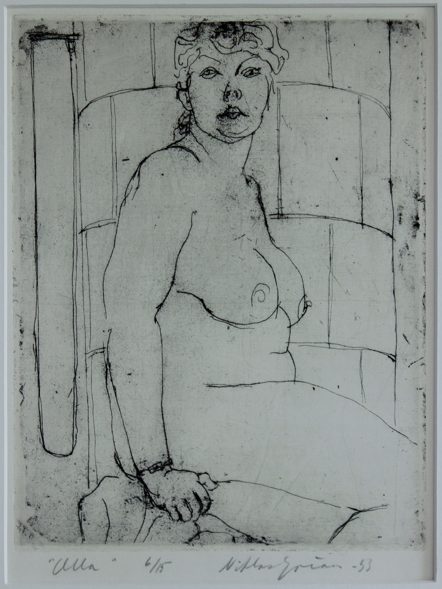 Etsning  i stående format föreställande naken kvinna, sittande, sedd från sidan, ansiktet vänt mot betraktaren.