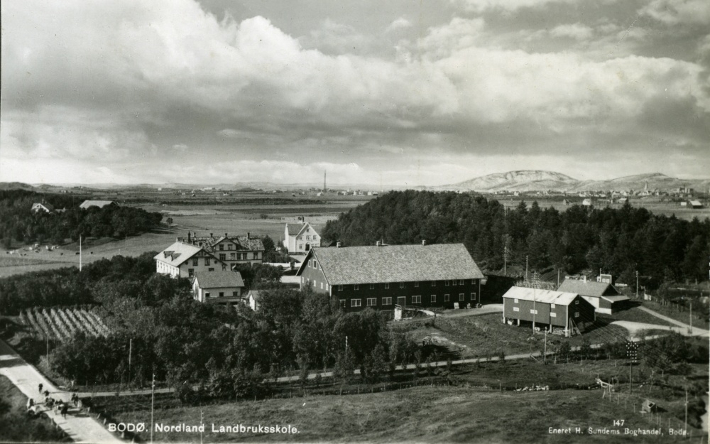 Postkort med motiv av Nordland Landbruksskole med Bodø sentrum og Hjartøya i bakgrunnen.