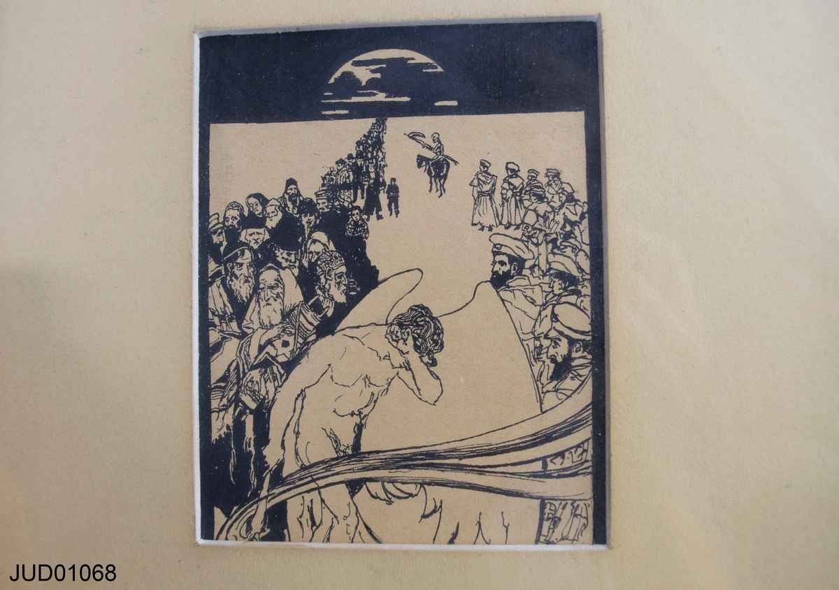 Inramad tuschteckning. Bild av folk på vardera sida vatten. Mannen till vänster håller en tora, till höger soldater. Moses Pergament 1912 skrivet på baksidan.