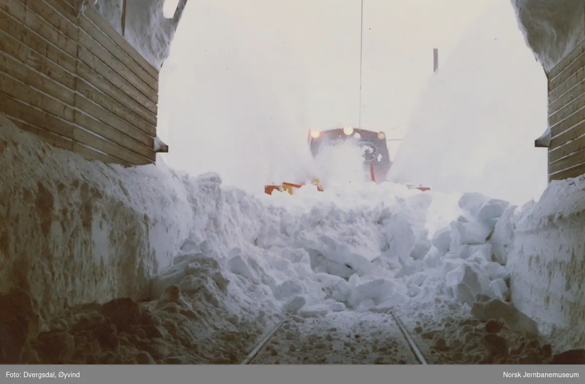Snørydding mellom Finse og Kvinå. Høye brøytekanter ble tatt ned med gravemaskin. Deretter ble snøen ryddet med roternede snøplog