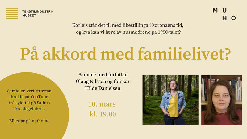 På akkord med familielivet? Samtale med forfattar Olaug Nilssen og forskar Hilde Danielsen. Illustrasjon.