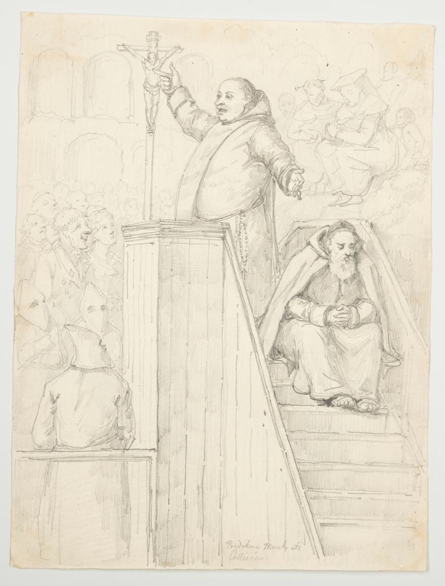 Teckningen visar en tjock, predikande munk stående i en predikstol inför stor åhörarskara, hans högra hand pekar mot ett uppsatt krucifix. I trappan till predikstolen sitter en blundande munk. En av de främre bland åhörarna tycks skratta. Längst fram till vänster står tre huvförsedda individer.
I bakgrunden syns en fasad med en rad med valv.