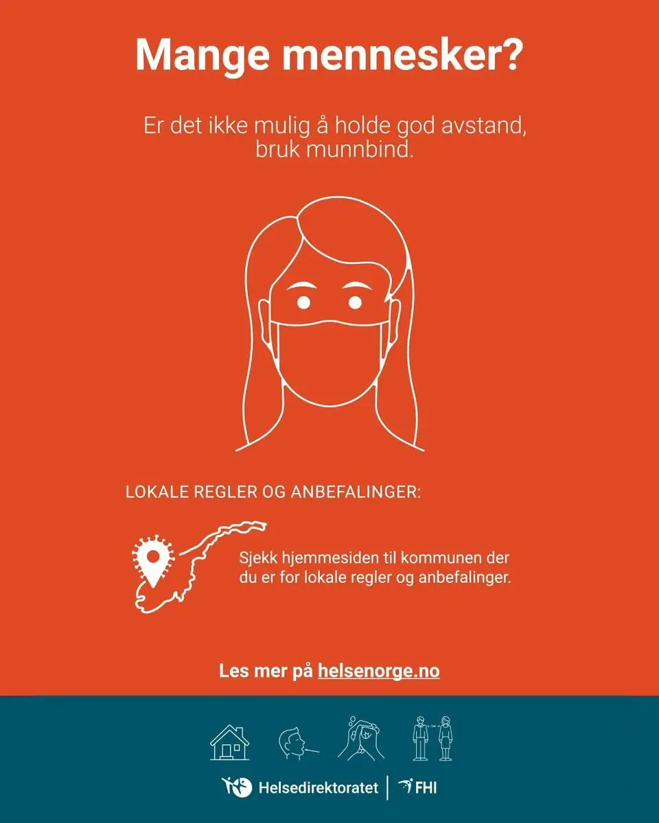 Plakat som oppfordrer til bruk av munnbind der det er mange mennesker, og som opplyser om viktigste smitteverntiltakene under koronapandemien.
