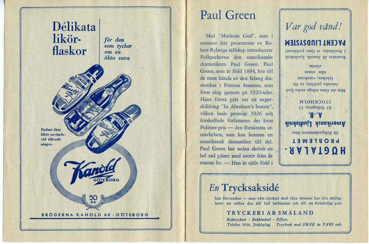 Program för Folkets Parks uppsättning av "Markens Gud" från 1951. Innehåller information om föreställningen och reklam.