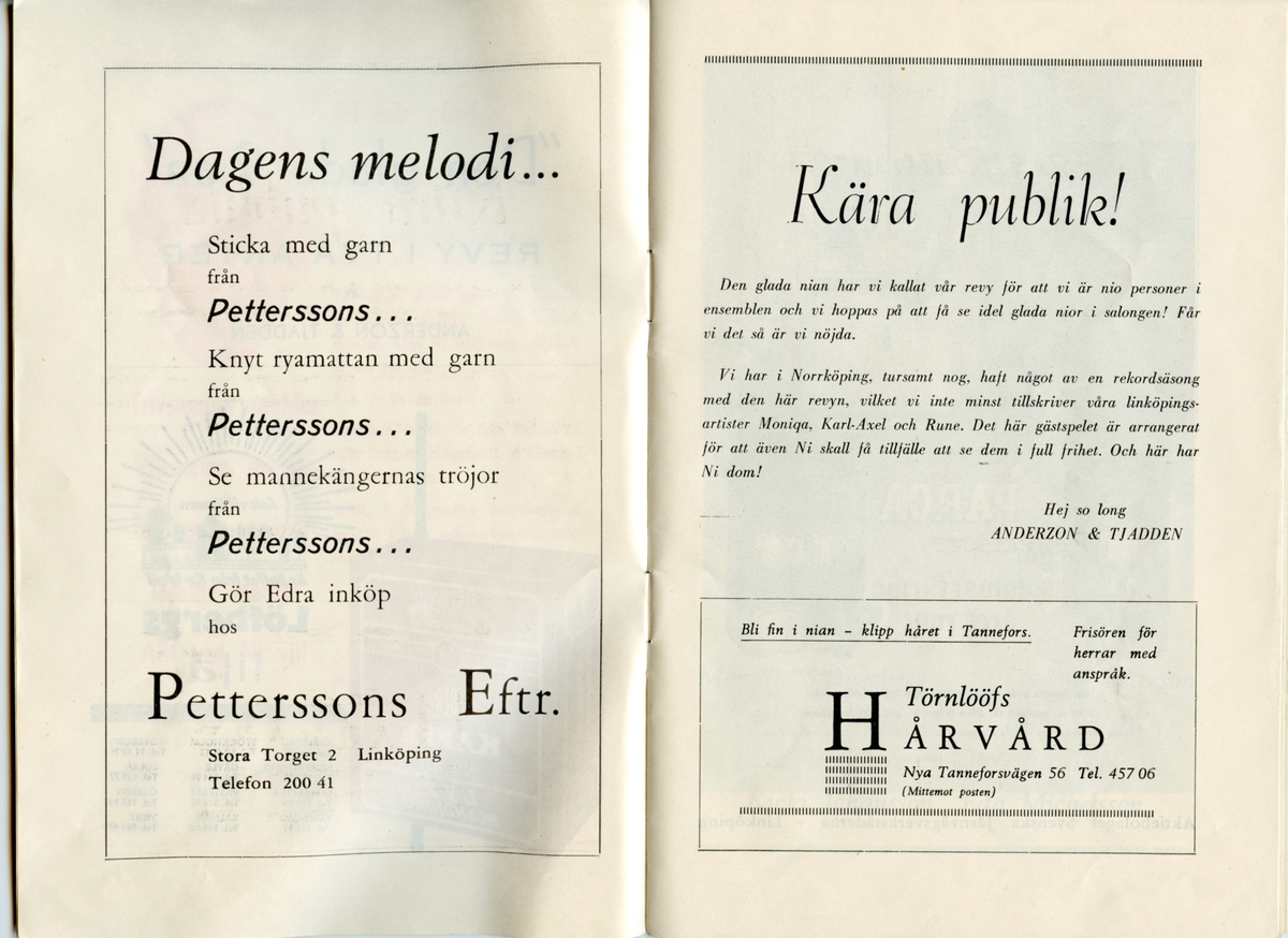 Program från Revy-teatern av "Den glada 9:an" från 1962. Innehåller information om föreställningen och reklam.