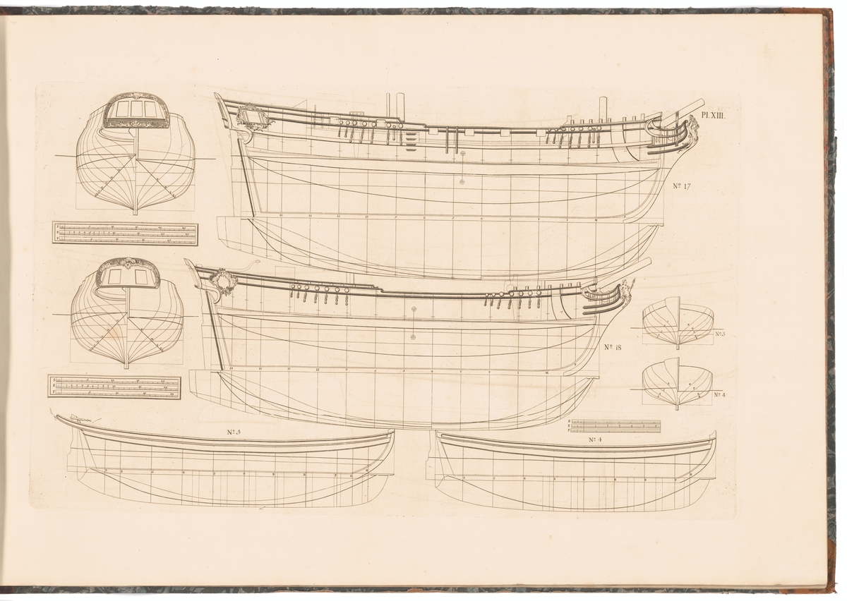 Två pinkskepp (ritning nr 17 och 18) samt två slupar (nr 3 och 4). Profil-, spant- och linjeritningar.