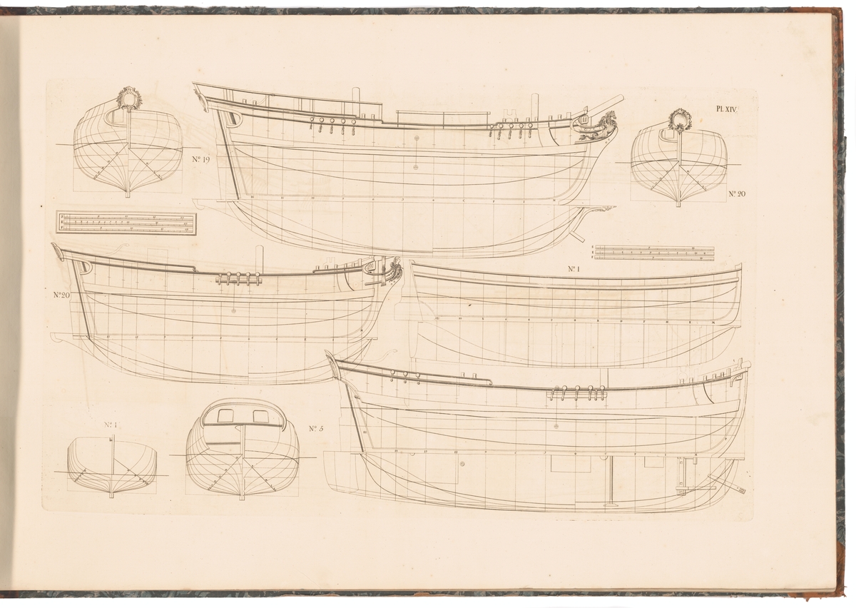 Barkass (ritning nr 1), bark (nr 5) och två pinkskepp (nr 19 och 20). Profil-, spant- och linjeritningar.