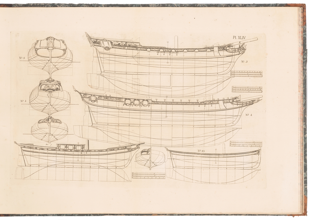 "Lust-Fartyg för at segla". Tre jakter (ritning nr 3, 7 och 10) samt en skonert (nr 4). Profiler med ornamentering, spant- och linjeritningar.