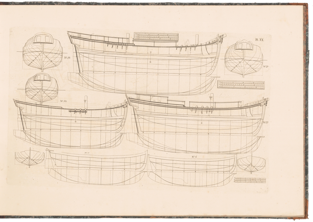 Två jullar (ritning nr 5 och 6), och tre kattskepp (nr 28, 29 och 30). Profil-, spant- och linjeritningar.