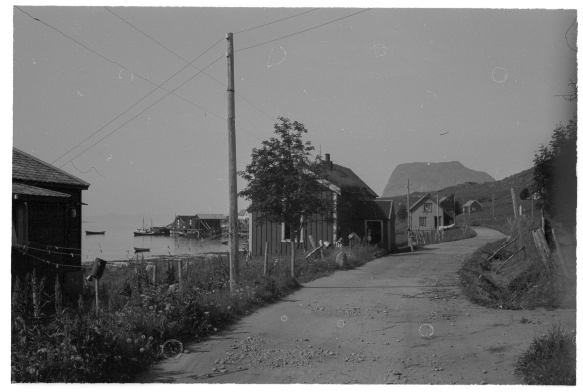 Bebyggelse langs veien ut mot Bøneset i Kasfjord. I bakgrunnen fjellet Elgen.