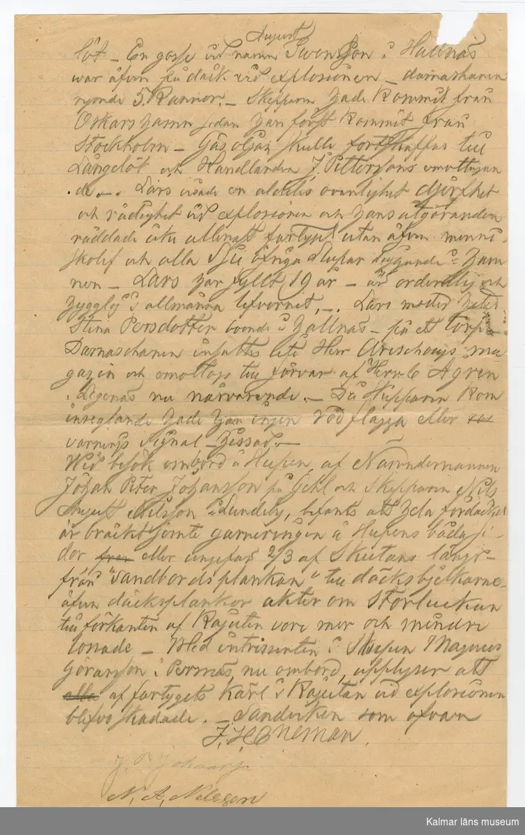 KLM 46398:2. Arkivhandling, protokoll, papper, färg. handskrivna, två sidor. Redogörelse över händelseförlopp angående gasolycka på slupen Sandell i Sandviks hamn den 10 november 1881.