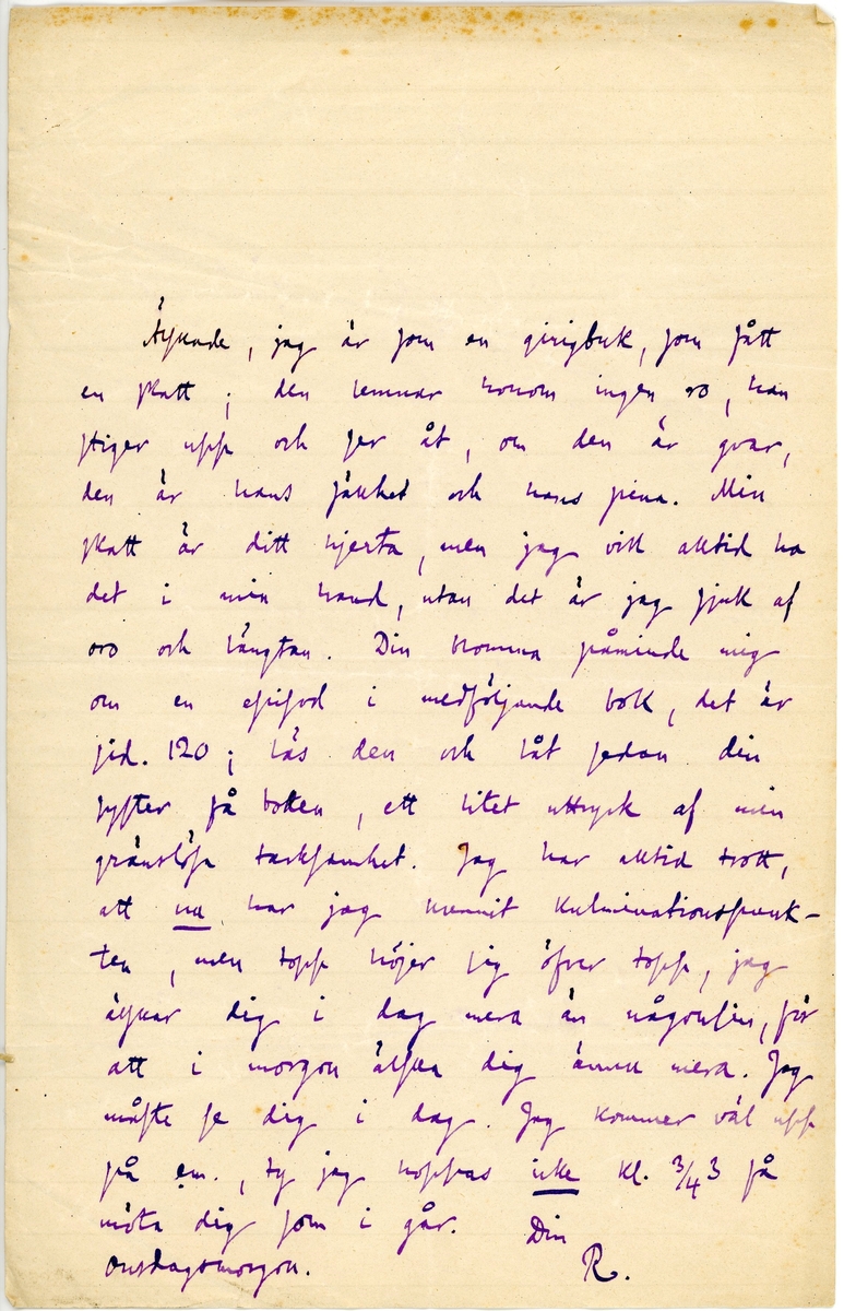 Brev skrivet av Richard Bergström till sin fru Ninni (Ellen) Bergström. Brevet är en sida långt och skrivet i blått bläck. Brevet hittades utan ett kuvert.