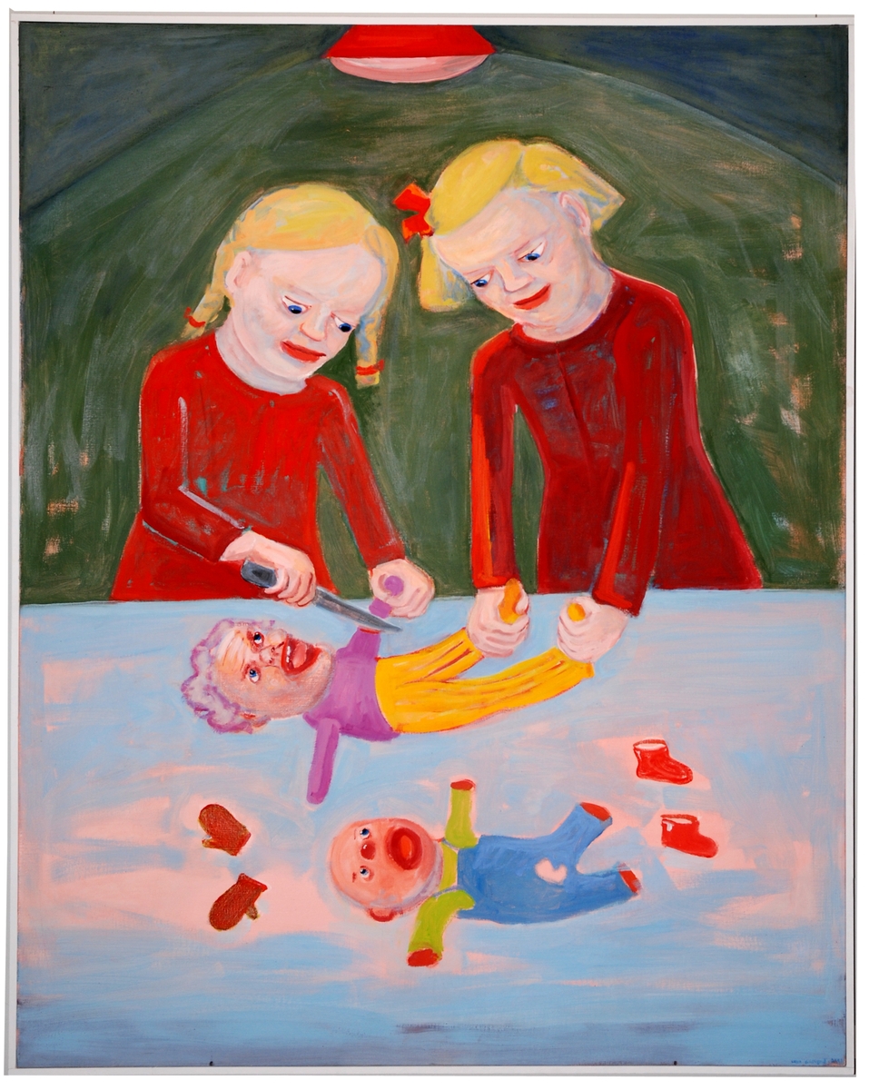 Oljemålning i stående format föreställande två flickor som med kniv amputerar dockor.