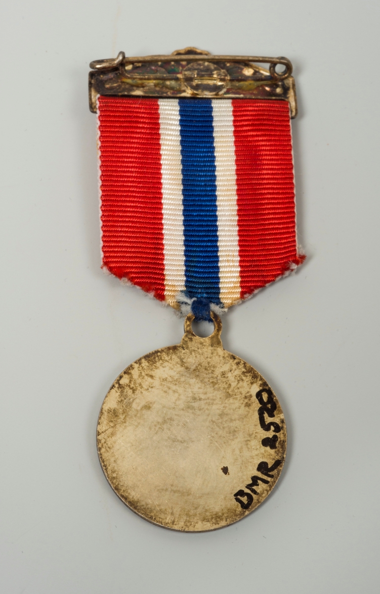 Medalje med ekegrener og harpe, med sløyfe i det norske flaggs farger.