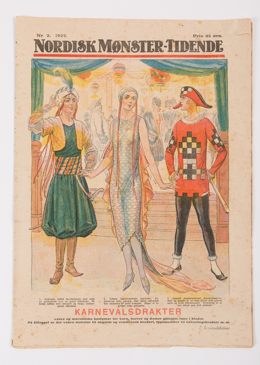 Nordisk Mønster-Tidende Nr. 2 1927 med temaet karnevalsdrakter, tidsskrift med kvinnemote og håndarbeid med løse mønsterark