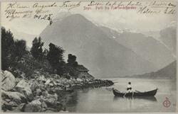 Postkort til Olava Lunde med bilde fra Fjærlandsfjorden i So