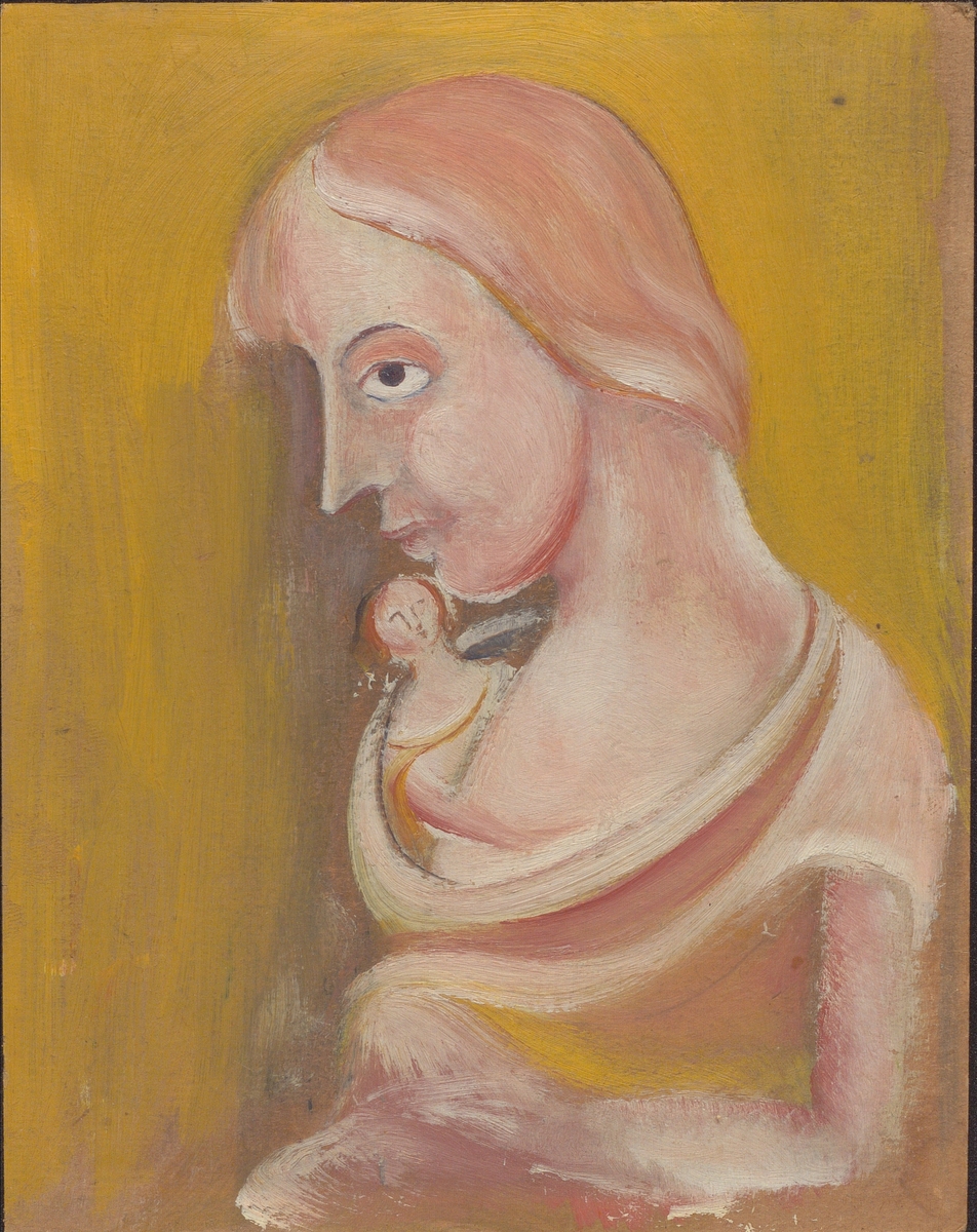 Kvinneskikkelse som holder en figur mot brystet, gul bakgrunn. 