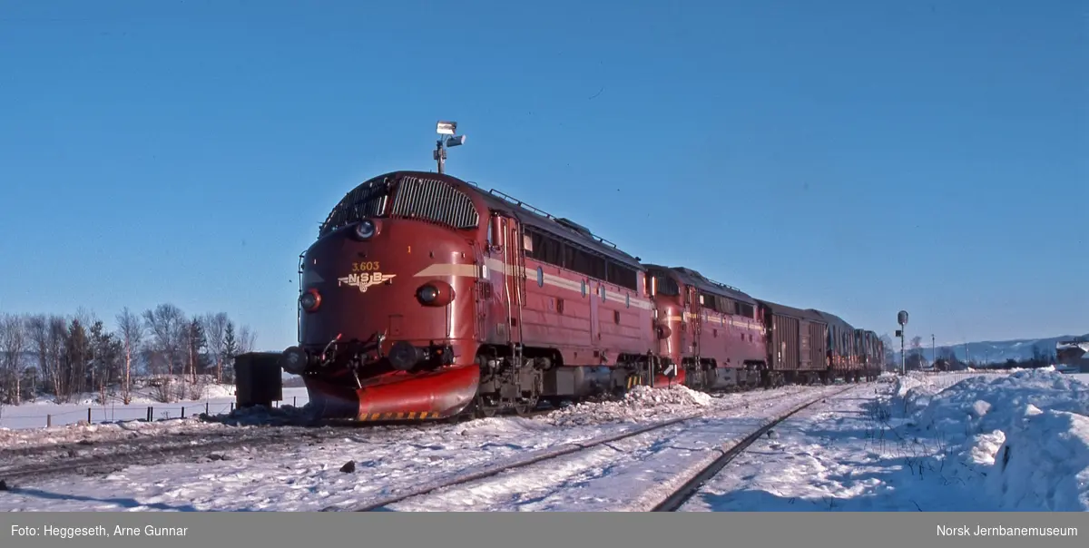 Diesellokomotiver type Di 3, nærmest Di 3 603, med godstog på Hell stasjon