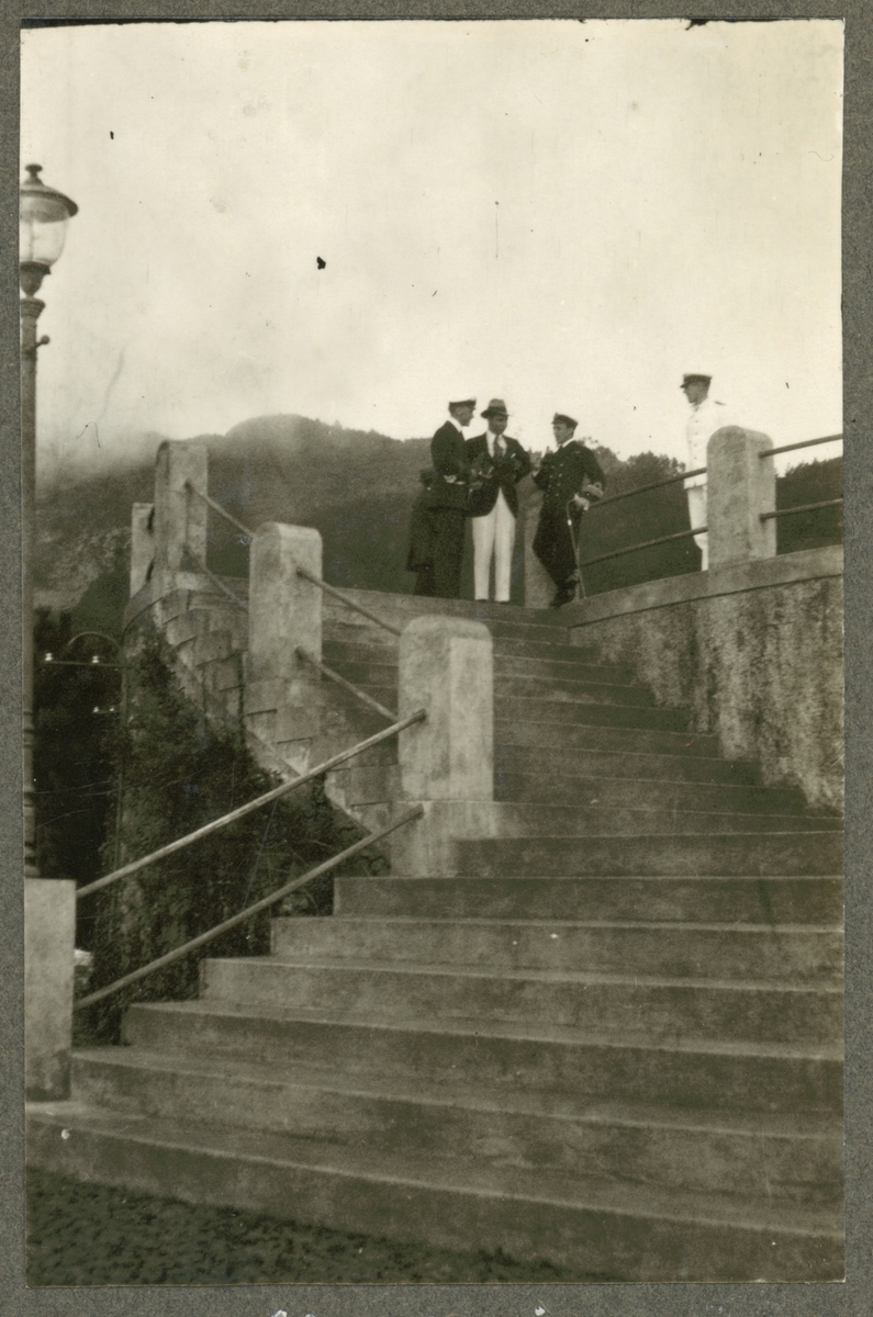 Bilden visar en grupp befäl från Fylgia som står ovanpå en trappa och pratar.