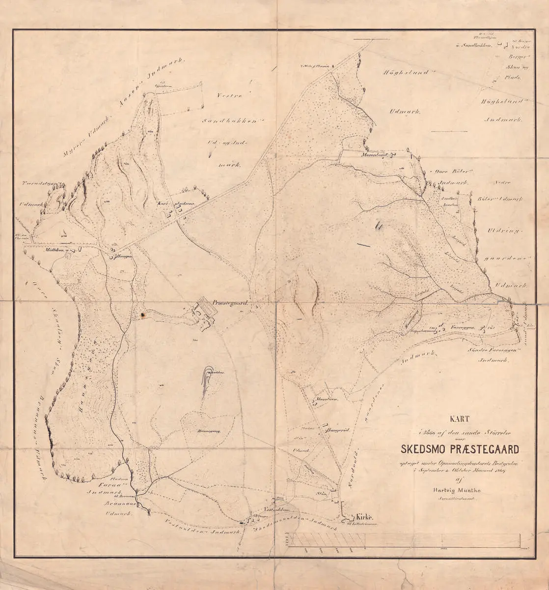 Kart av typen diazotypi over Huseby gårds eiendom fra 1869. Nasjonalbiblioteket.