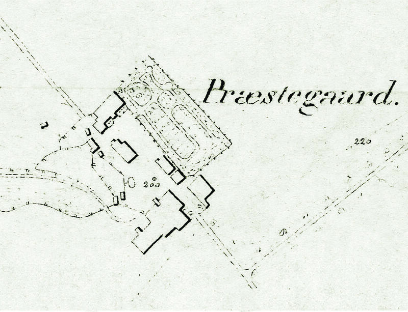 Utsnitt av kart over Huseby gård fra 1869. Gårdsanlegget og hageanlegget. Nasjonalbiblioteket.