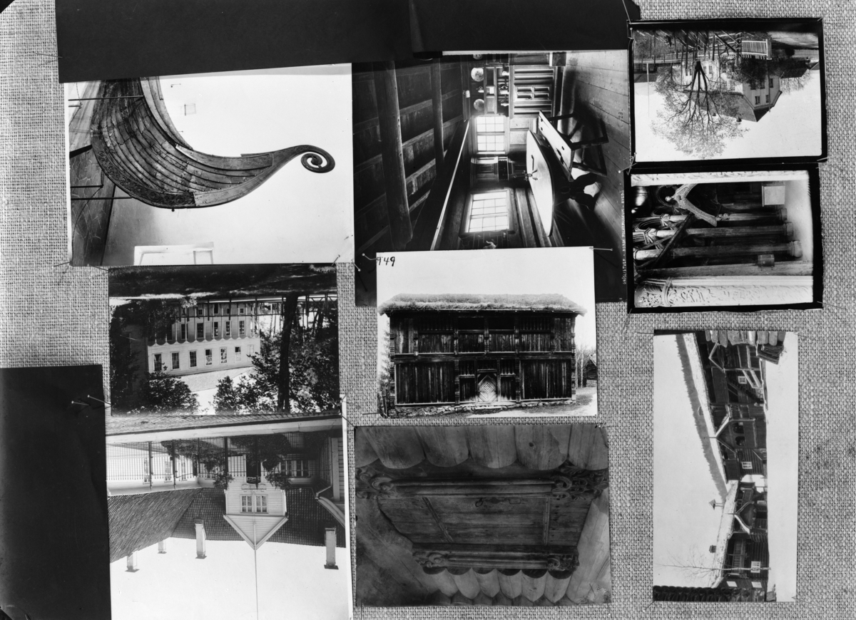 Repro av oppslag med flere fotografier. Fotografiene viser bygninger, Osebergskipet, interiører