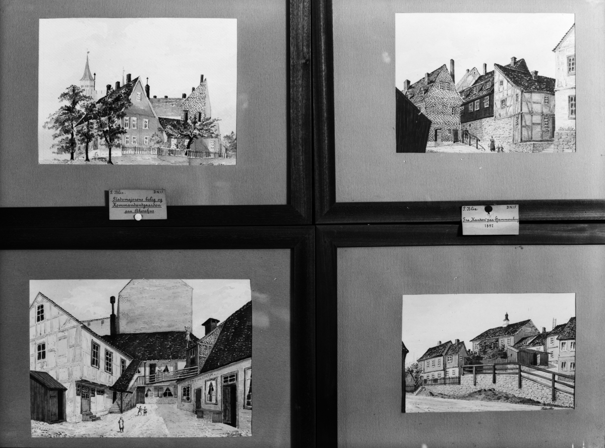 Reprofotografier av tegninger av Peter Andreas Blix. Tegningene forestiller bygninger i gamle Kristiania.
