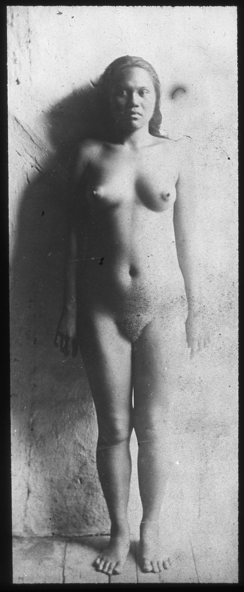 Bilden föreställer ett porträtt av en naken flicka framifrån. Enligt Etnografiska museets bildinformation heter hon Akata (född 1865-70).