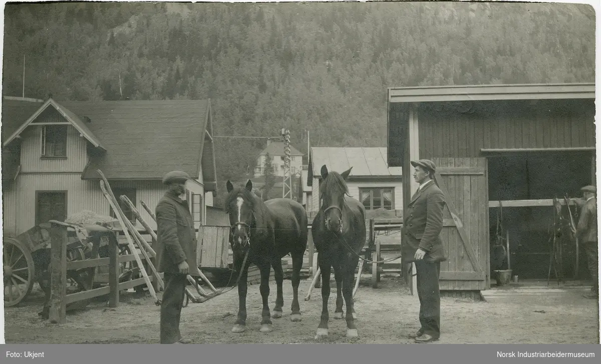 To menn, antagelig vognmenn for Norsk Hydro, stående med hver sin hest med hodelag. Bygg med seletøy i bakgrunnen. Vogner og drag til vogner bak og på siden av hestene. Bygg inne på Hydro området. Bolig i Villaveien i bakgrunnen.
